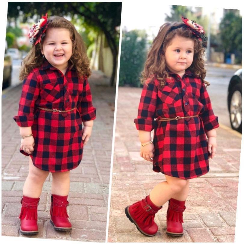 Fashion Girls Long Red Plaid Dress with Belt – Stylish Checkered Party Outfit