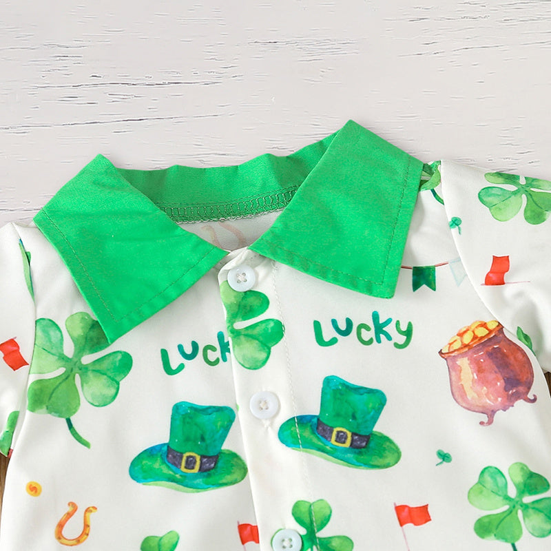 Newborn Baby Boy St. Patrick's Day Outfit – Clover Romper & Suspenders Pants Set