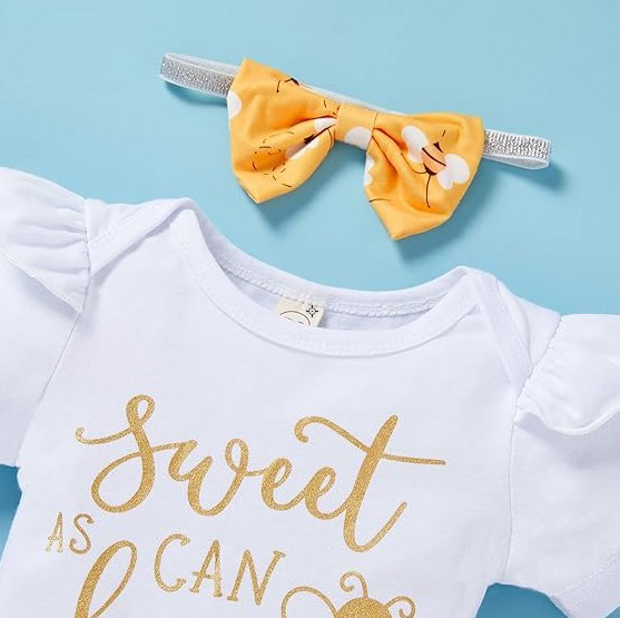 Infant Baby Girl Bee Romper Set – Honeybee Print Bodysuit, Pants & Bow Headband Clothes