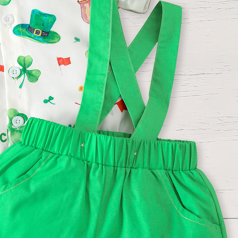 Newborn Baby Boy St. Patrick's Day Outfit – Clover Romper & Suspenders Pants Set