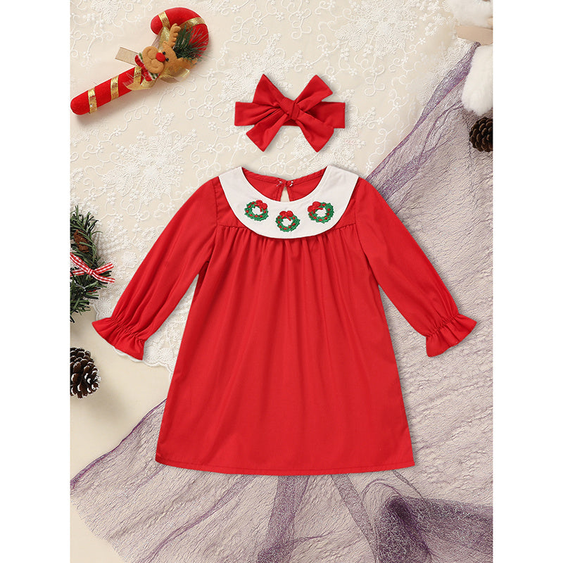 Toddler Baby Girls Christmas Dress – Wreath Embroidered Party Outfit with Headband
