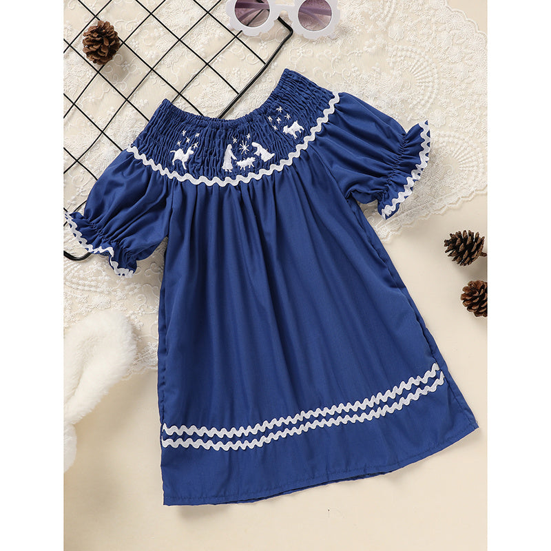 Toddler Infant Girl Christmas Dress – Santa Embroidery Smocked Short Sleeve Party Outfit