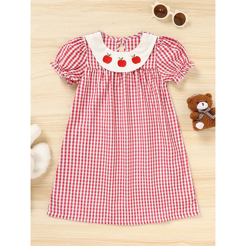 Girls Back to School Plaid Dress – Smocked Collar & Puff Sleeves