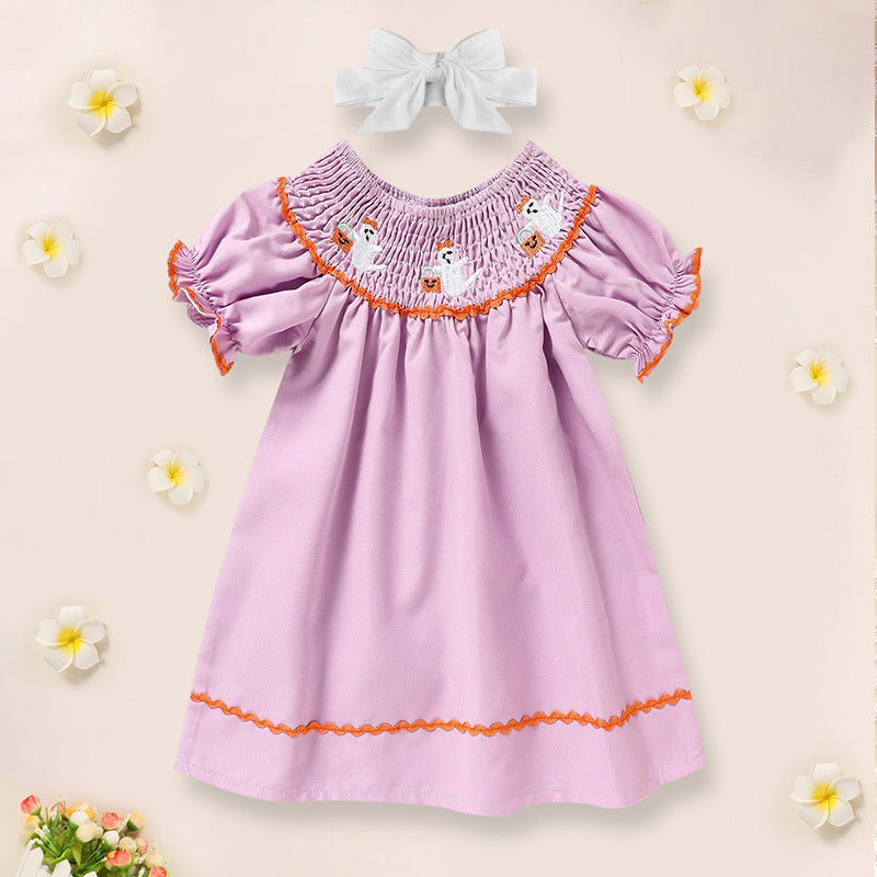 Baby Girl Halloween Dress – Ghost Embroidery with Headband Costume