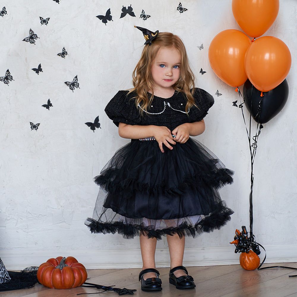 Girls’ Halloween Dress – Fashion Mesh Stitching Puff Sleeve Party Outfit