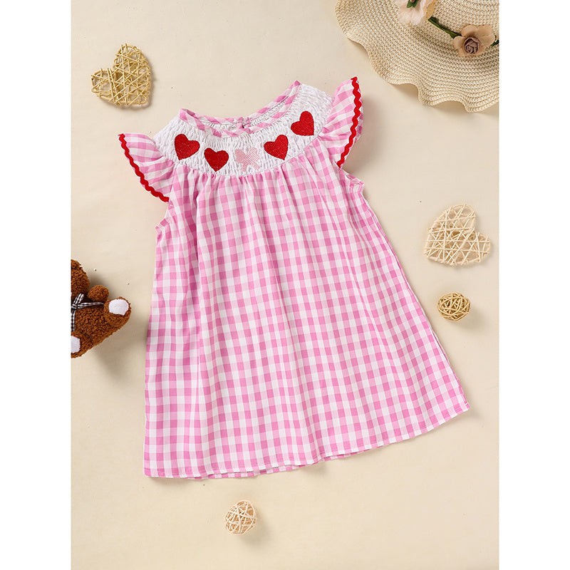Baby Girls' Valentine's Day Dress - Pink Plaid with Heart Embroidery & Smocked Ruffle Sleeves