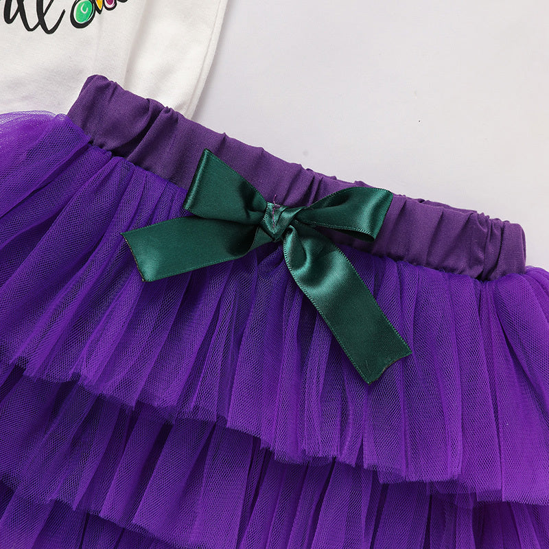 Baby Girls Mardi Gras Outfit – Ruffle Sleeve Bodysuit, Tutu Skirt & Hairband Set