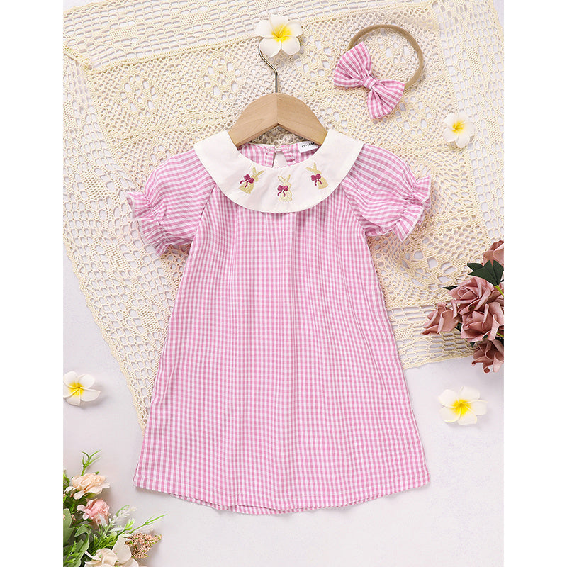 Infant Baby Girls Easter Dress – Plaid Smocked Bunny Embroidery Short Sleeve