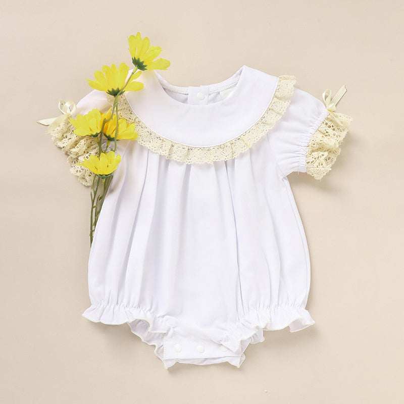 Baby Girl White Lace Romper – Short Sleeve Bubble Jumpsuit for Summer & Weddings
