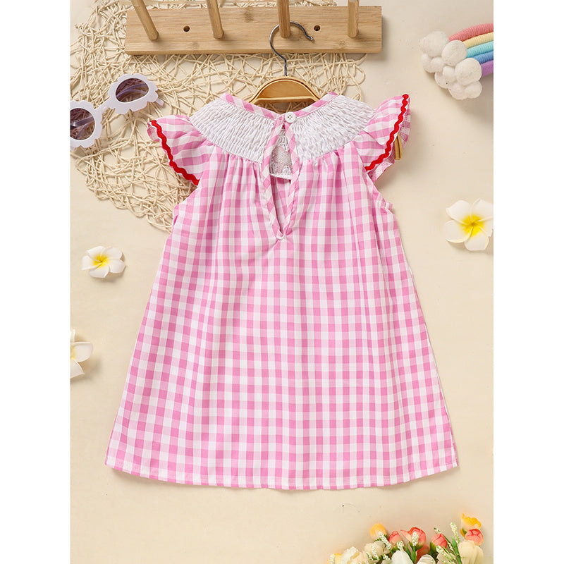 Baby Girls' Valentine's Day Dress - Pink Plaid with Heart Embroidery & Smocked Ruffle Sleeves