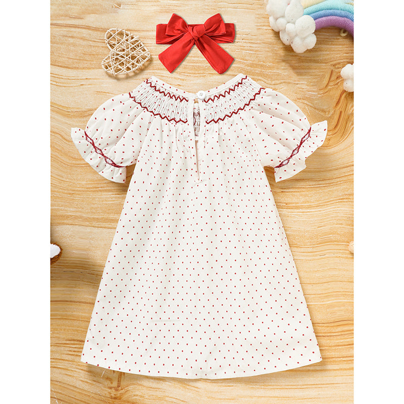 Baby Girl Valentine's Day Dress - Red Heart Embroidery with Headband & Smocked Princess Party Dress