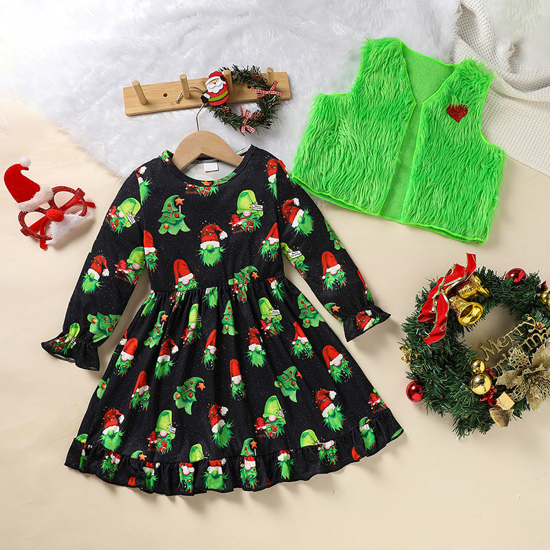 Toddler Baby Girl Christmas Dress Set – Long Sleeve Party Dress, Heart Print Vest Coat & Xmas Outfit
