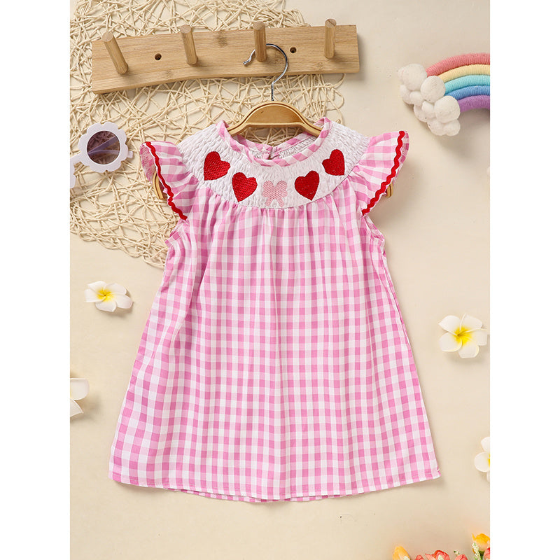 Baby Girls' Valentine's Day Dress - Pink Plaid with Heart Embroidery & Smocked Ruffle Sleeves