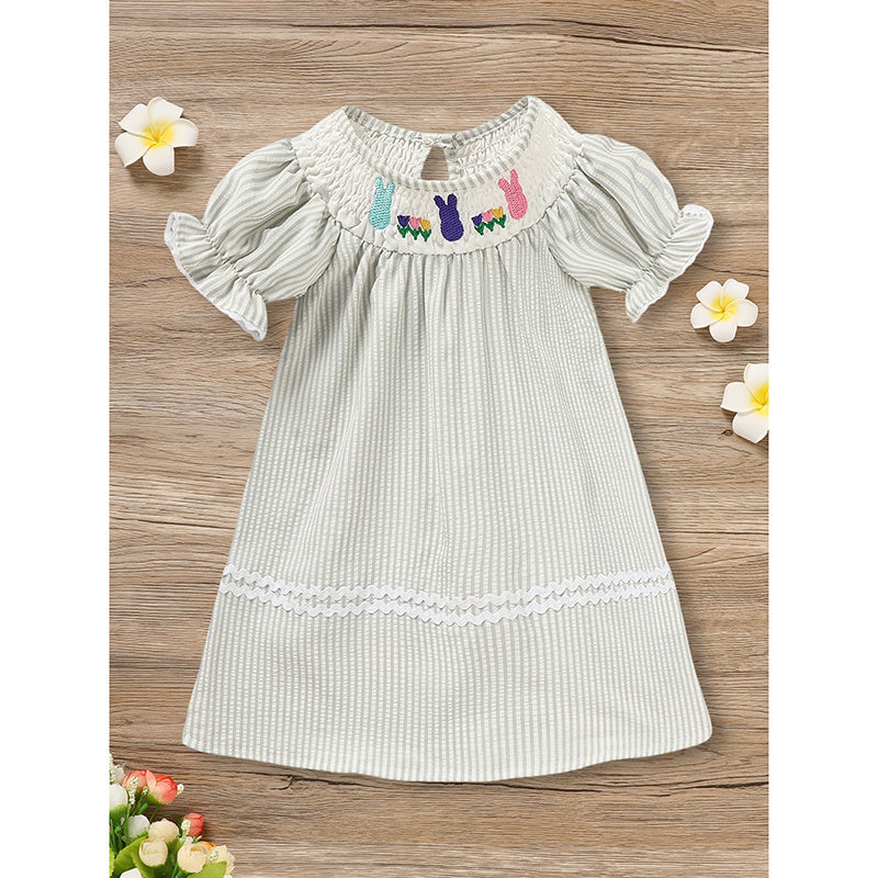 Infant Baby Girls Easter Bunny Smocked Dress – Embroidered Short Sleeve Casual Summer Outfit