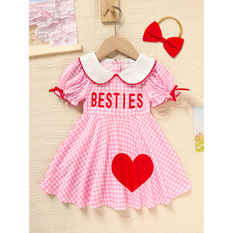 Baby Toddler Girl Short Sleeve Heart Print Dress – Doll Collar with Headband
