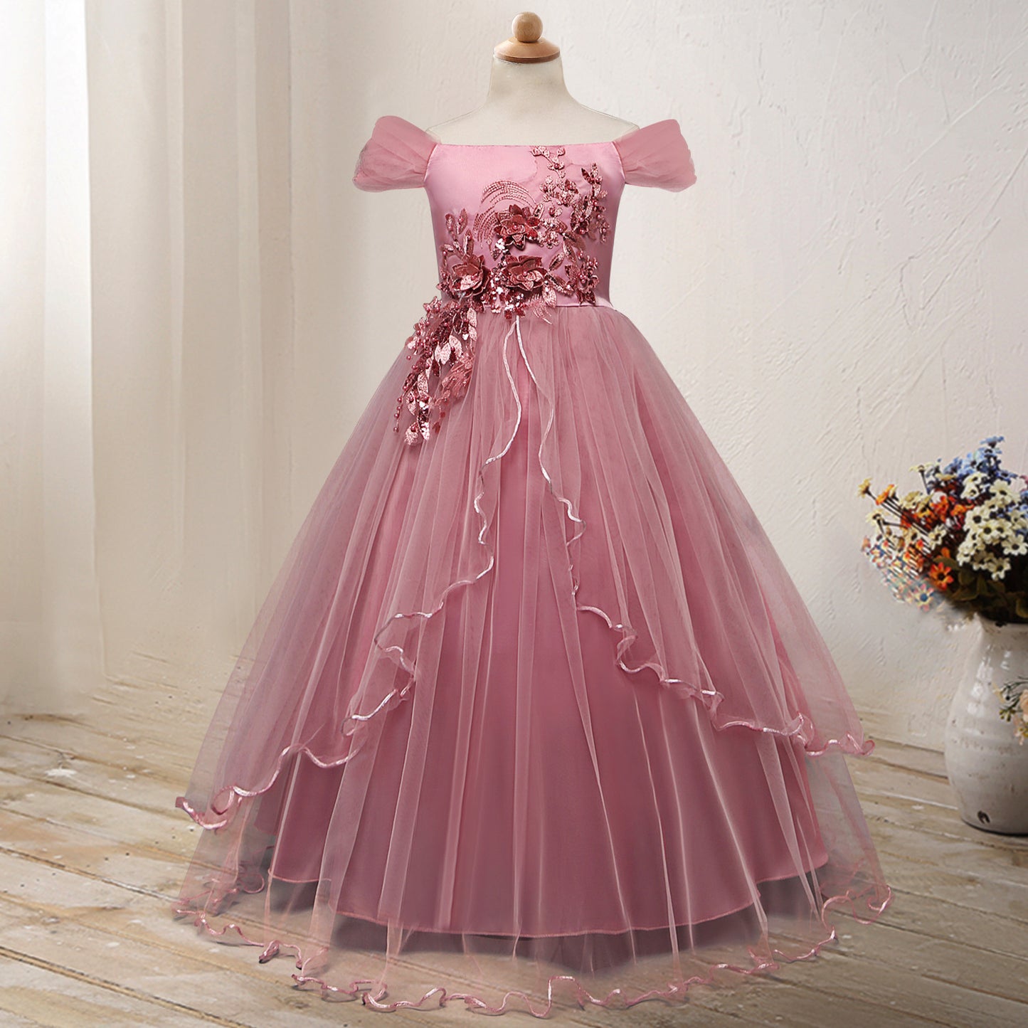 One-Shoulder Princess Flower Girl Dress – Elegant Costume for Parties & Weddings