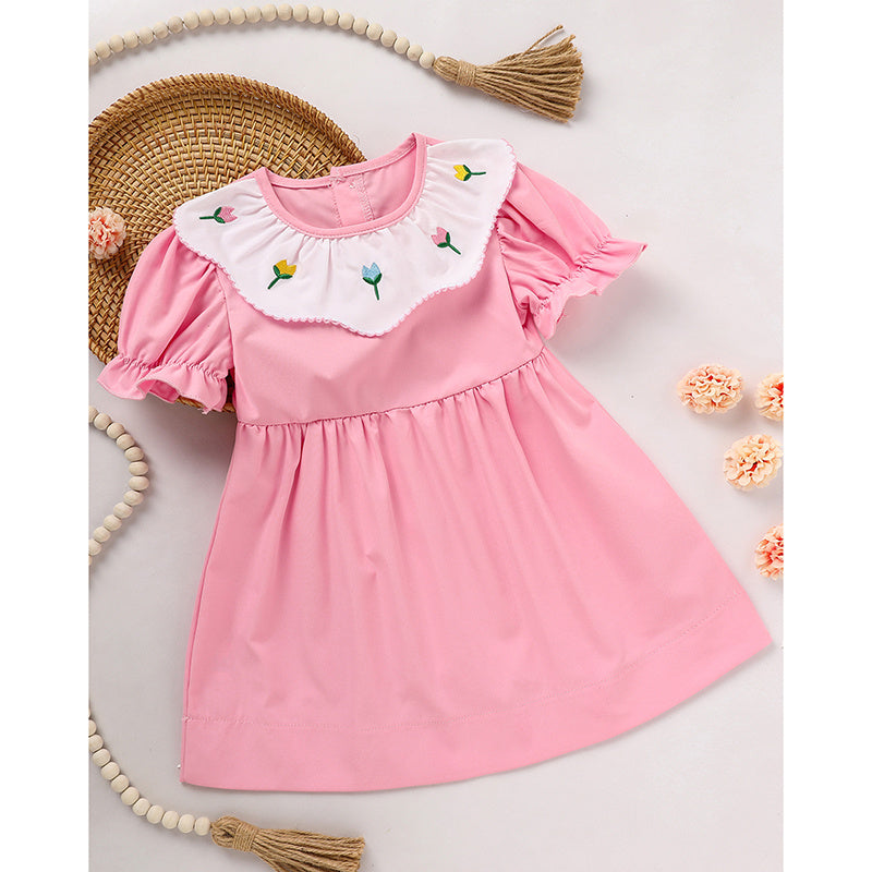 Toddler Baby Girl Spring Tulip Smocked Dress – Short Sleeve Princess Dress with Embroidery