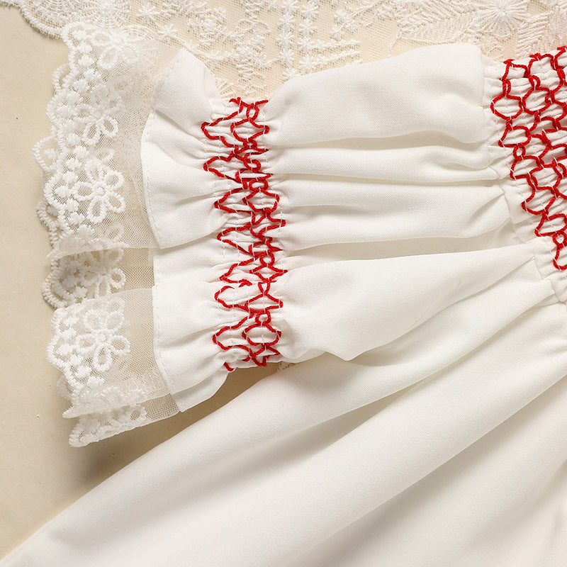 Infant Baby Girl Valentine’s Day Dress – White Lace Short Sleeve Party Dress with Red Embroidery