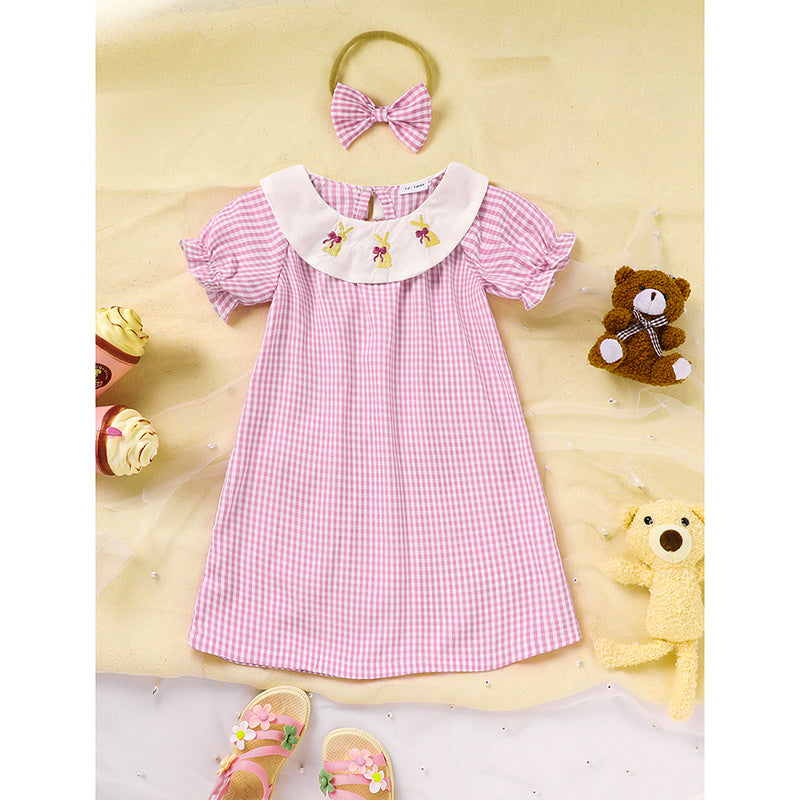 Infant Baby Girls Easter Dress – Plaid Smocked Bunny Embroidery Short Sleeve