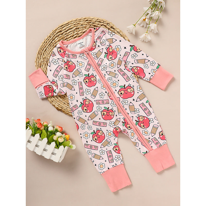 Adorable Infant Back to School Romper – Apple & Pencil Print Long Sleeve Jumpsuit Outfit