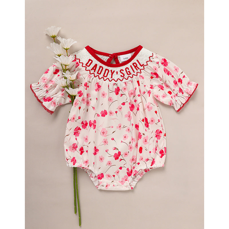 Infant Girls' Floral Smocked Romper – 'Daddy's Girl' Embroidered Short Sleeve Bodysuit for Party & Casual Wear