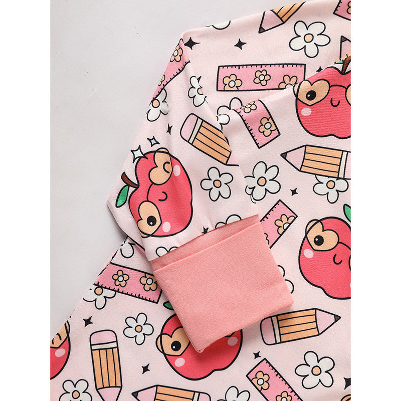 Adorable Infant Back to School Romper – Apple & Pencil Print Long Sleeve Jumpsuit Outfit