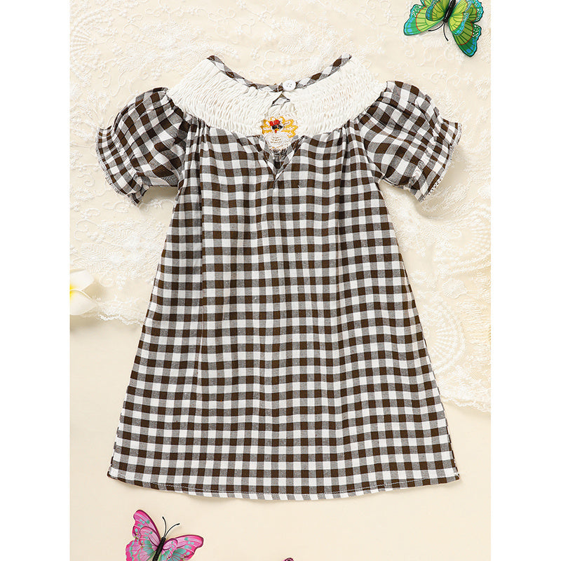 Baby Girl Thanksgiving Dress - Turkey Print Plaid with Short Sleeves, Casual Party Costume