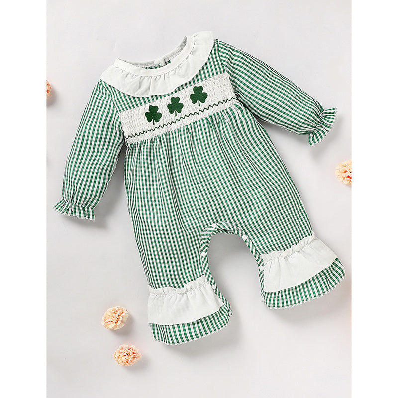 Newborn Baby Girl St. Patrick’s Day Bodysuit – Green Plaid Clover Print Long Sleeve