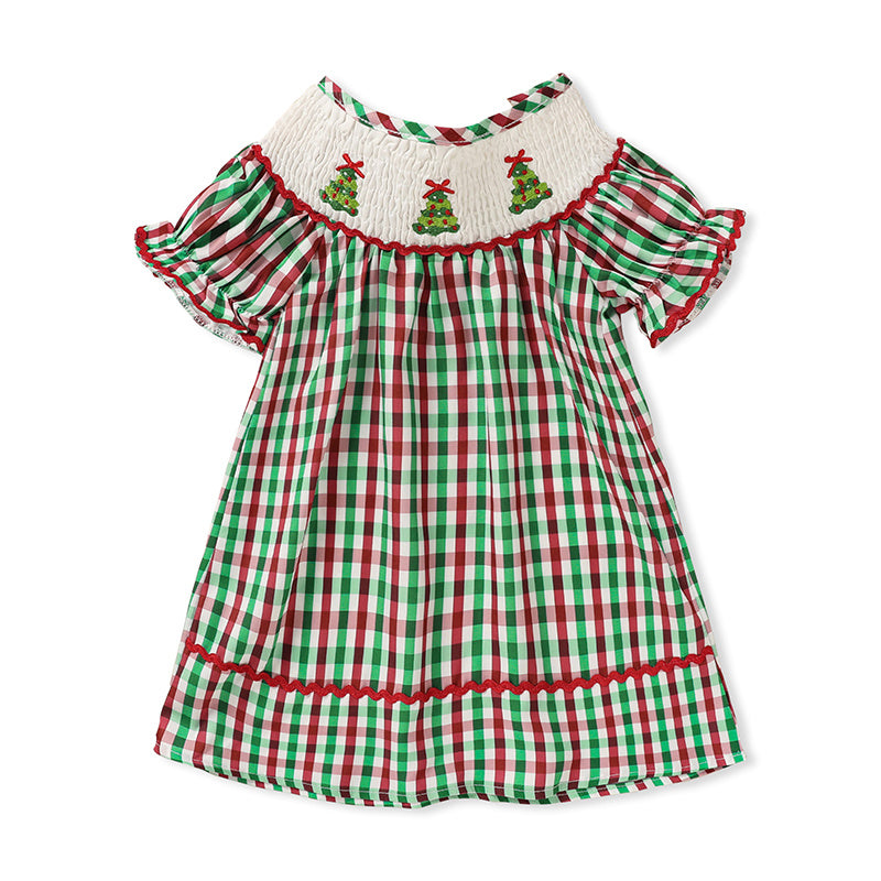 Toddler Infant Baby Girls Christmas Dress – Plaid Short Sleeve Christmas Tree Embroidered Party Outfit