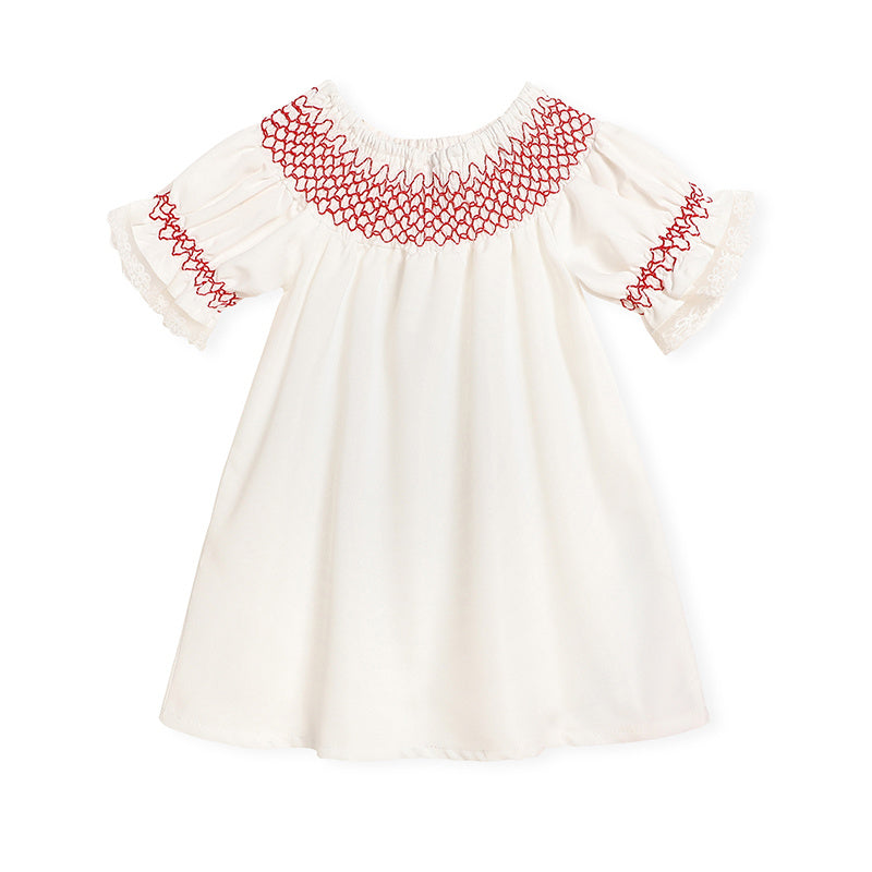 Infant Baby Girl Valentine’s Day Dress – White Lace Short Sleeve Party Dress with Red Embroidery