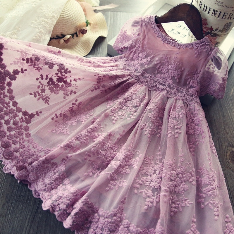 Girls White Princess Dress – Long Sleeve Lace Hollow Skirt | Autumn & Winter Irregular Dress for Kids
