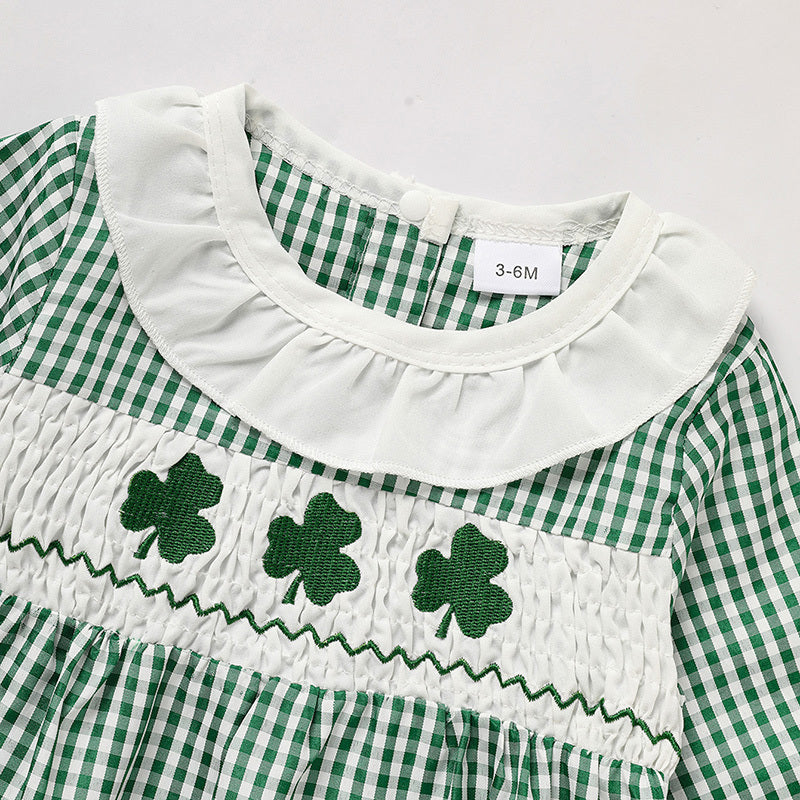 Newborn Baby Girl St. Patrick’s Day Bodysuit – Green Plaid Clover Print Long Sleeve
