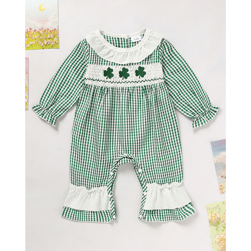 Newborn Baby Girl St. Patrick’s Day Bodysuit – Green Plaid Clover Print Long Sleeve