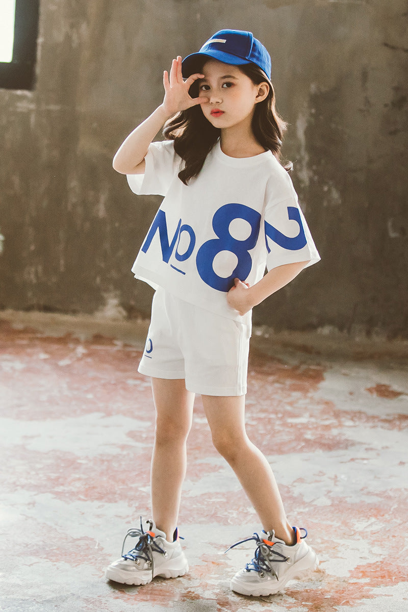 Girls Loose Sports Two-Piece Set – Big Kids Short-Sleeve Top & Shorts Outfit