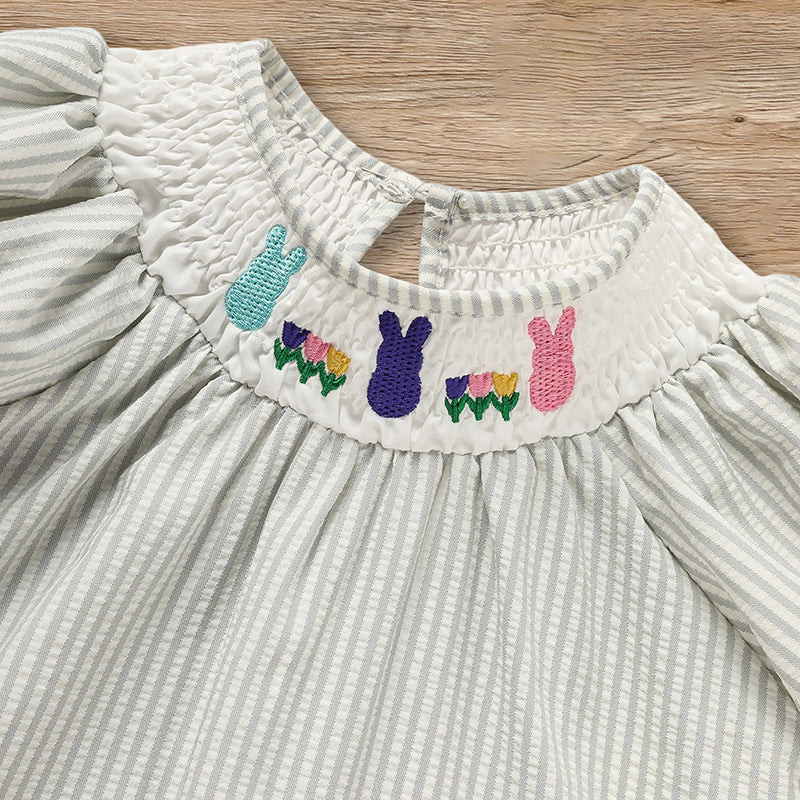 Infant Baby Girls Easter Bunny Smocked Dress – Embroidered Short Sleeve Casual Summer Outfit