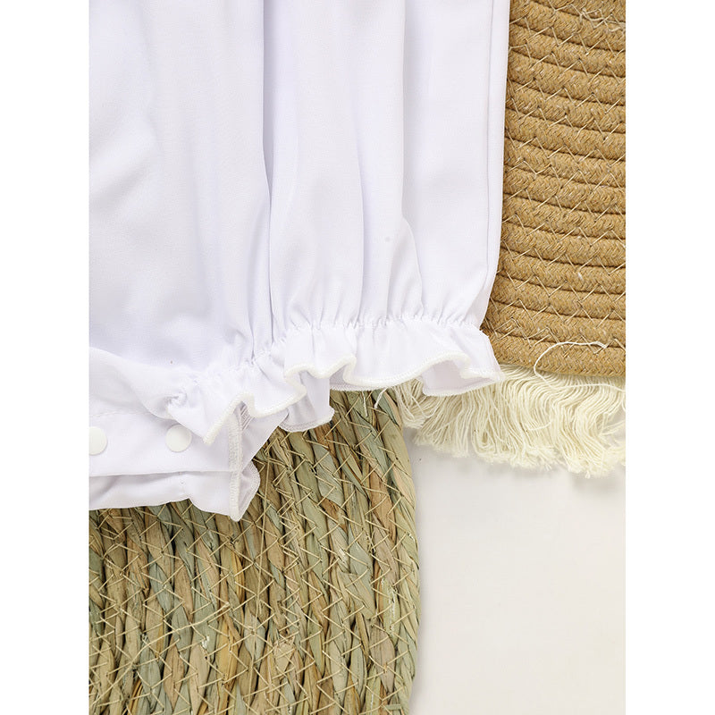 Baby Girl White Lace Romper – Short Sleeve Bubble Jumpsuit for Summer & Weddings