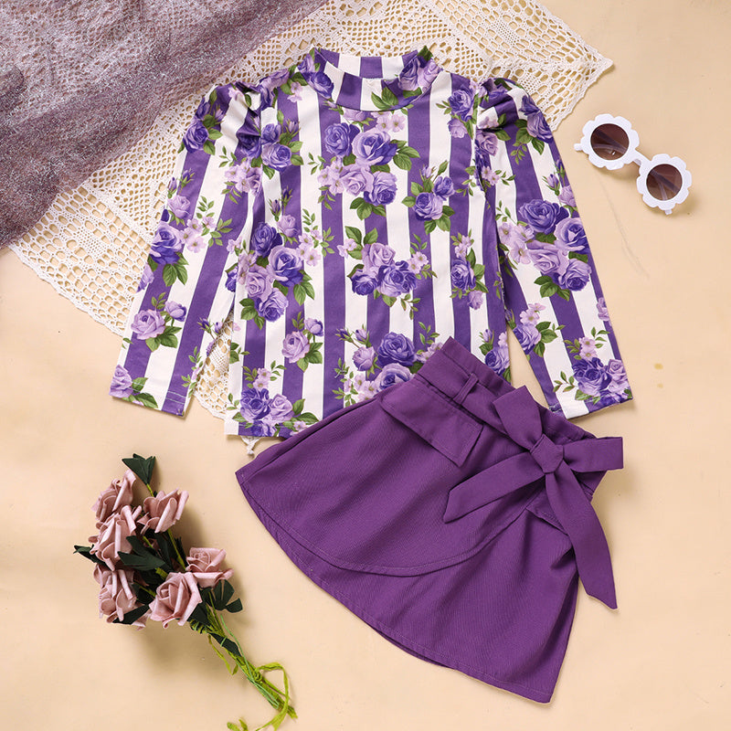 Toddler Girl Outfit Set – Purple Rose Print Top & Belted Skirt | Spring/Fall Holiday Clothes