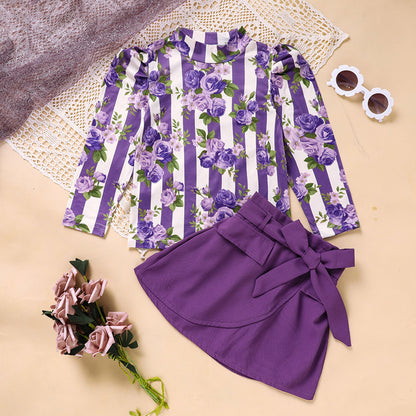 Toddler Girl Outfit Set – Purple Rose Print Top & Belted Skirt | Spring/Fall Holiday Clothes