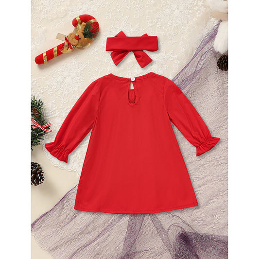 Toddler Baby Girls Christmas Dress – Wreath Embroidered Party Outfit with Headband