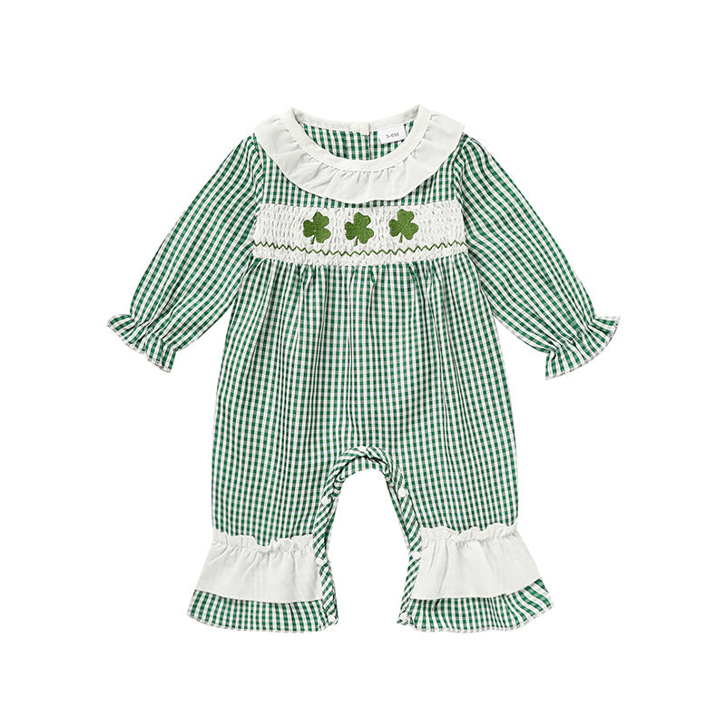 Newborn Baby Girl St. Patrick’s Day Bodysuit – Green Plaid Clover Print Long Sleeve