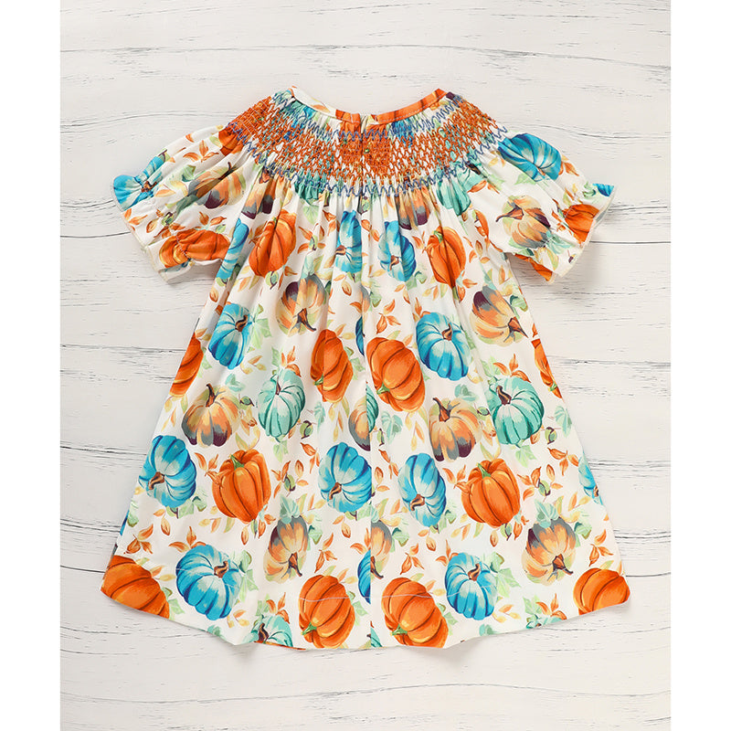 Toddler Baby Girl Pumpkin Smocked Dress – Fall Thanksgiving & Halloween Princess Outfit