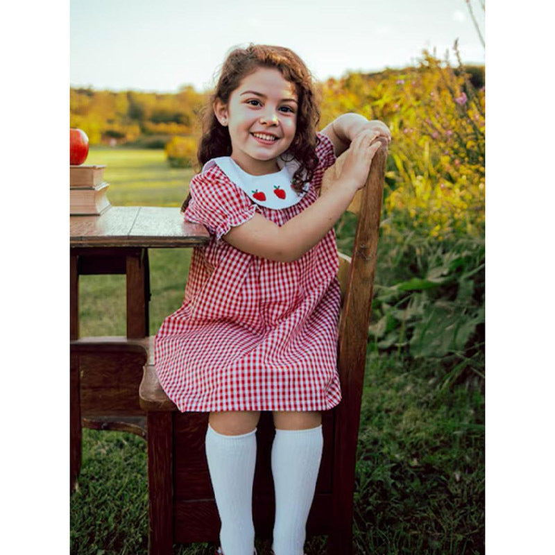 Girls Back to School Plaid Dress – Smocked Collar & Puff Sleeves