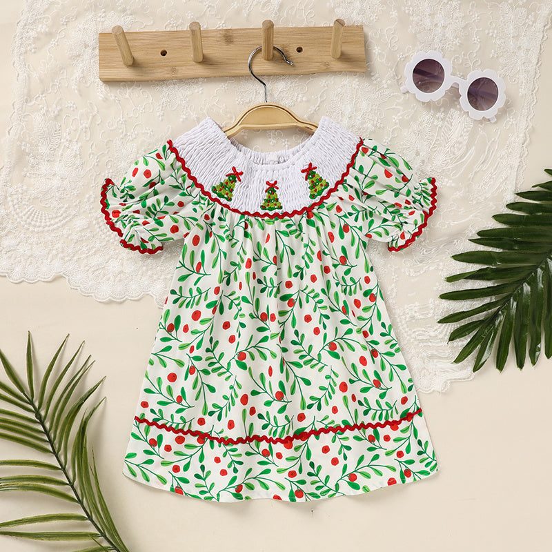 Toddler Infant Baby Girls Christmas Dress – Plaid Short Sleeve Christmas Tree Embroidered Party Outfit