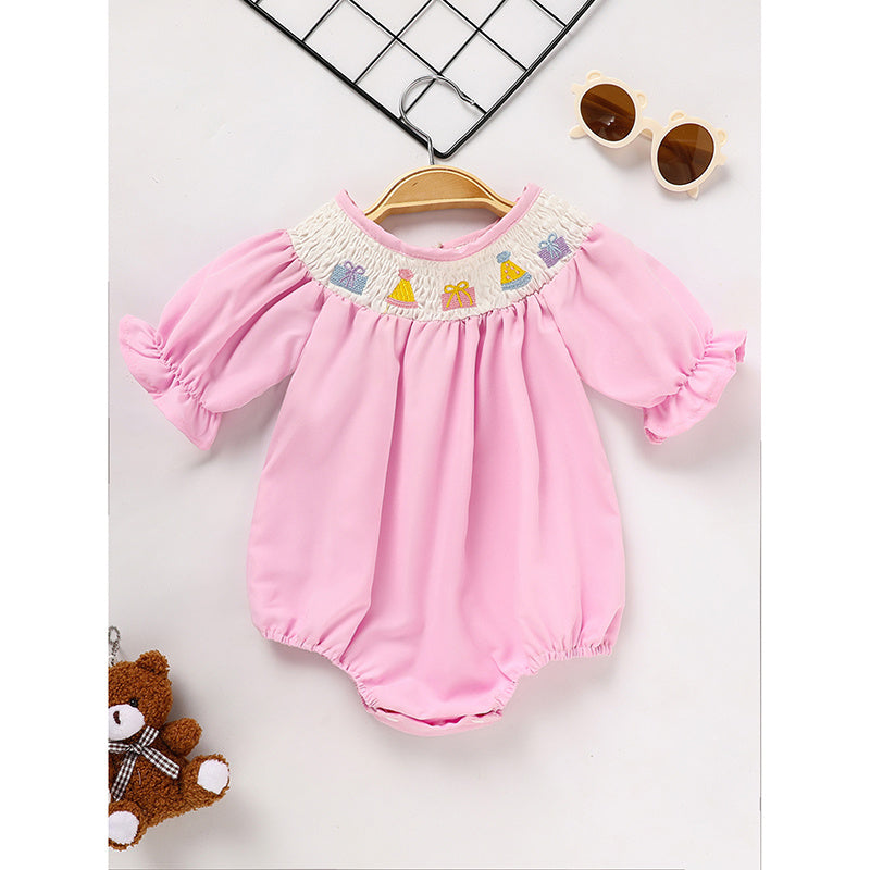Infant Girls' Cute Birthday Smocked Bubble Romper Short Sleeves Crew Neck Cartoon Embroidery Princess Party Romper Bodysuit