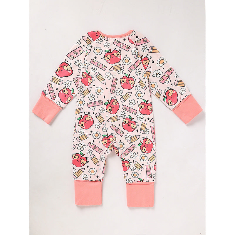Adorable Infant Back to School Romper – Apple & Pencil Print Long Sleeve Jumpsuit Outfit
