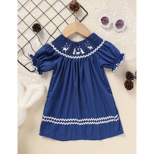 Toddler Infant Girl Christmas Dress – Santa Embroidery Smocked Short Sleeve Party Outfit