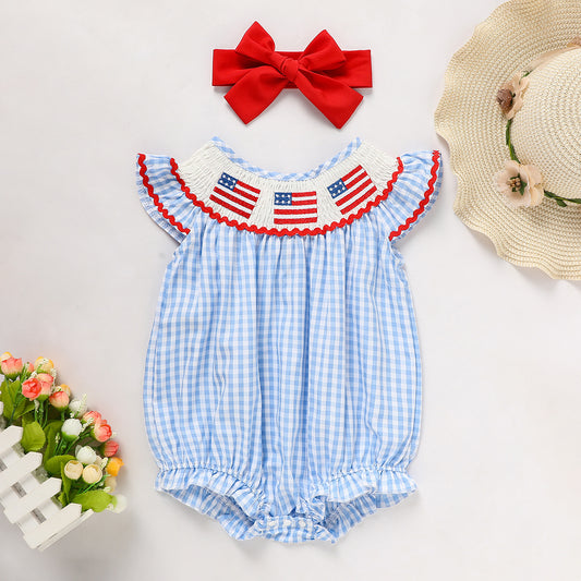Baby Girls 4th of July Outfit – American Flag Embroidered Smocked Romper with Headband
