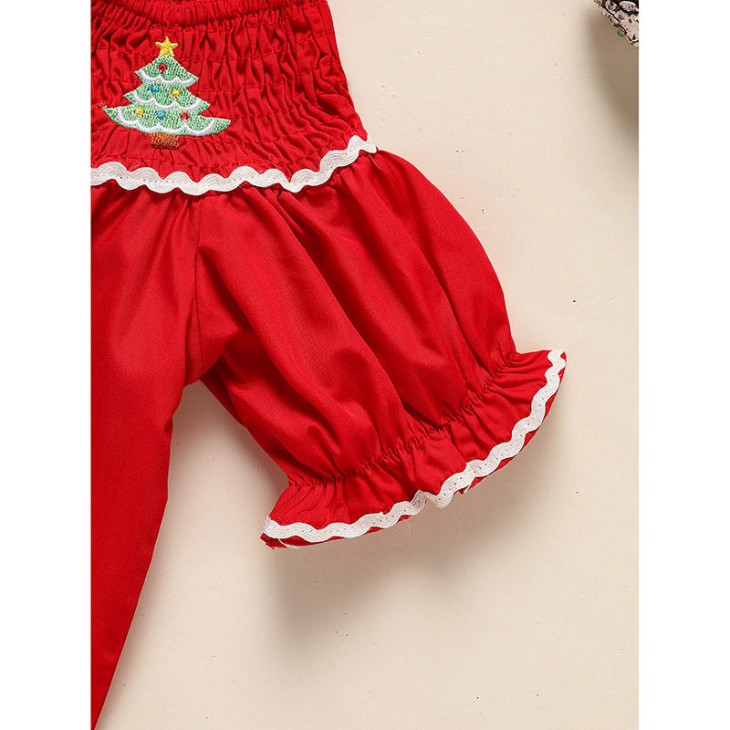 Toddler Infant Girls Christmas Dress – Smocked Tree Embroidery Party Dress