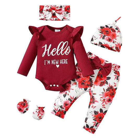 Newborn Baby Girl “Hello I’m New Here” Outfit – Romper, Floral Pants, Hat & Headband Set