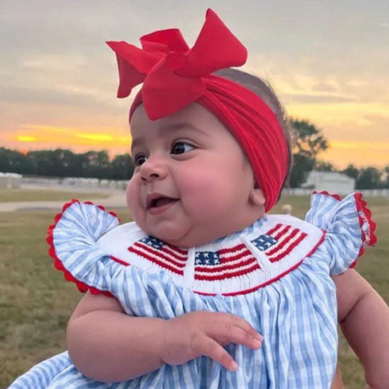 Baby Girls 4th of July Outfit – American Flag Embroidered Smocked Romper with Headband